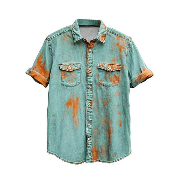 Ashirexll Mens Shirts Casual, Mens Button up Shirts Short Sleeve, Fashion and Vintage Printed Casual Turndown Collar Shirts with Pockets Plus Size Summer Button Shirts