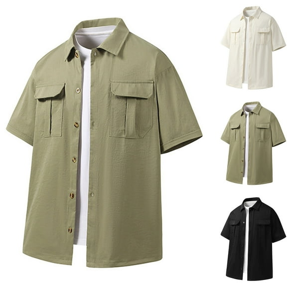 Ashirexll Mens Shirts Casual, Mens Button up Shirts Short Sleeve, Plus Size Fashion Solid Color Short Sleeve Turnedown Shirts with Pocket for Casual Vacation