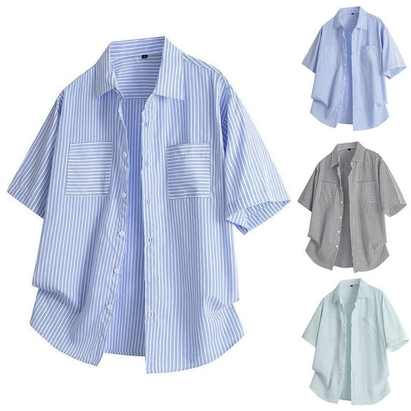 Ashirexll Mens Shirts Casual, Mens Button up Shirts Short Sleeve, Casual Versatile Striped Tops Summer Shirts with Pockets Button Up Shirts