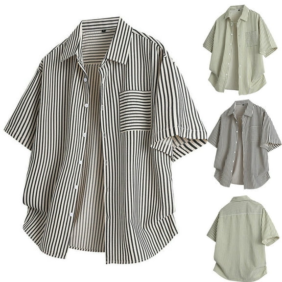 Ashirexll Mens Shirts Casual, Mens Button up Shirts Short Sleeve, Casual Versatile Striped Tops Summer Shirts with Pockets Button Up Shirts