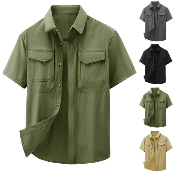 Ashirexll Mens Shirts Casual, Mens Button up Shirts Short Sleeve, Plus Size Summer Fashion Turndown Collar Shirts Casual Button up Tops with Pockets