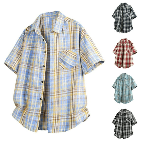 Ashirexll Mens Shirts Casual, Mens Button up Shirts Short Sleeve, Vintage and Fashion Plaid Shirts Casual Short Sleeve Summer Beach Button up Shirt