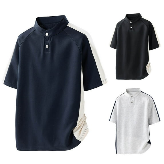 Ashirexll Mens Shirts Casual, Summer Shirts for Men, Color Matching Loose Casual and Sports Shirts Short Sleeve Button Standing Collar T-shirts