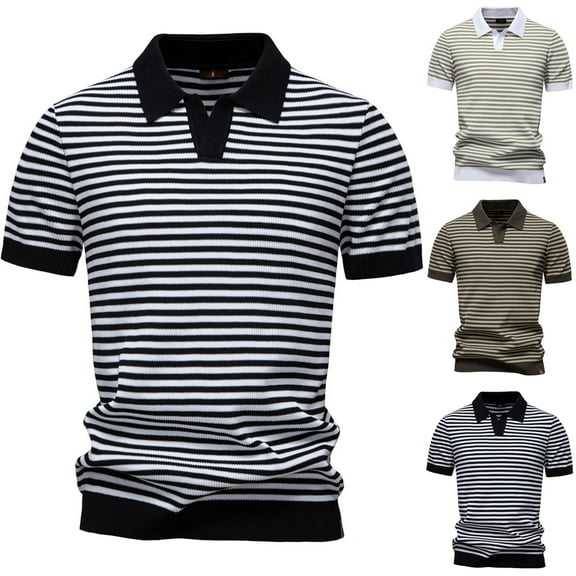 Ashirexll Mens Shirts Casual, Summer Shirts for Men, Fashion Striped Printed Casual Shirts Short Sleeve Turndown Collar T-Shirts