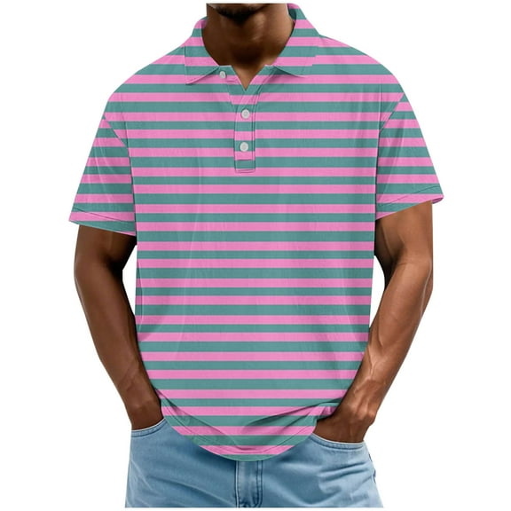 Ashirexll Mens Shirts Casual, Summer Shirts for Men, Plus Size Casual and Fashion Striped Printed Button Turndown Collar T-shirt for Summer Vacation