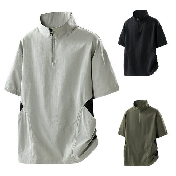 Ashirexll Mens Shirts Casual, Summer Shirts for Men, Solid Color Loose Sports Shirts with Pockets Short Sleeve Zipper Standing Collar T-shirts