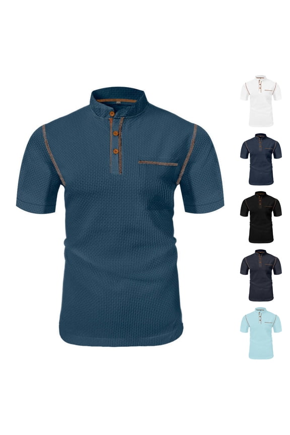 Mens Shirts Casual, Summer Shirts for Men, Summer Fashion Short Sleeve Standing Collar Button T-Shirts with Pocket