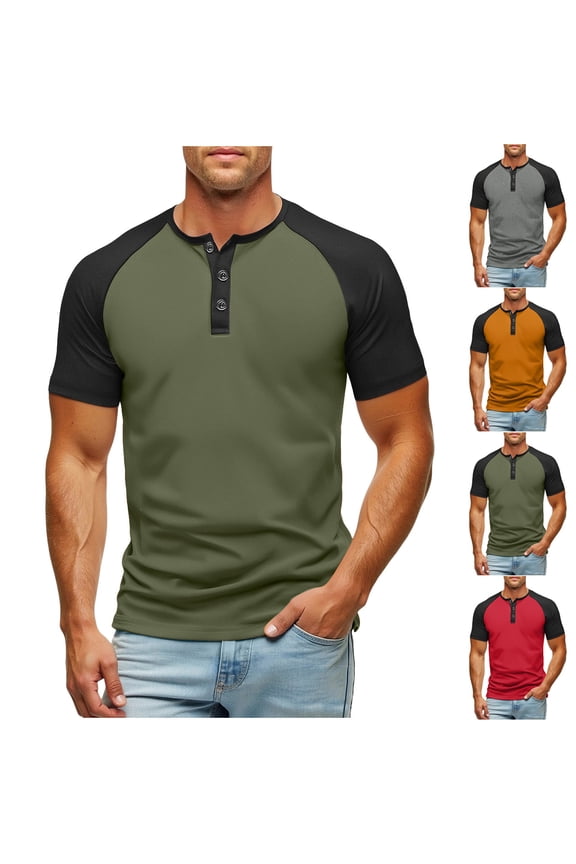 Mens T-shirts, Big and Tall Shirts for Men, Summer Shirts Casual Fashion Solid Color Matching Button Round Neck Short Sleeve T-shirt