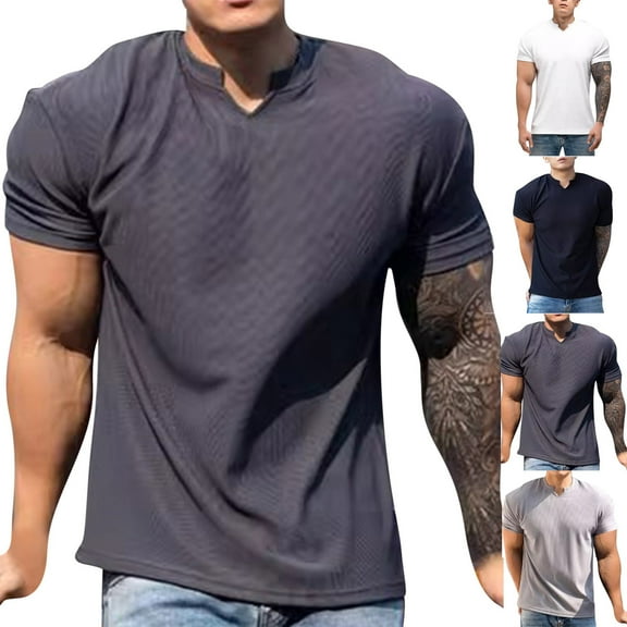 Ashirexll Mens T-shirts, Big and Tall Shirts for Men, Fashion Standing Collar V-neck T-shirt with Elastic Breathable and Fashion Short Sleeve