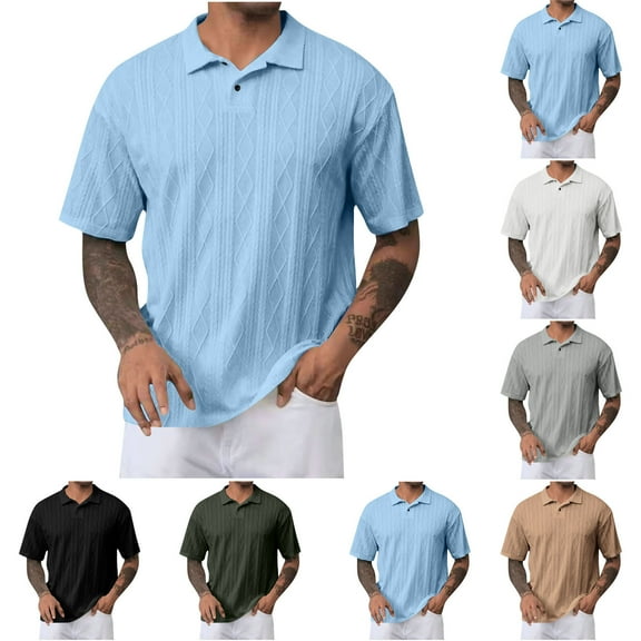 Ashirexll Mens T-shirts, Big and Tall Shirts for Men, Summer Casual Turndown Collar Short Sleeve Solid Color Fashion T-Shirts