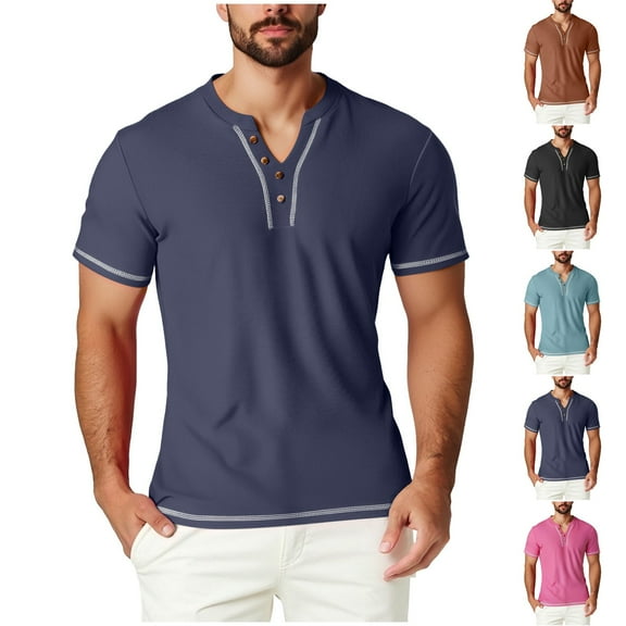 Ashirexll Mens T-shirts, Big and Tall Shirts for Men, Summer Casual Fashion Temperament Short Sleeve Button V-neck T-shirts Tops