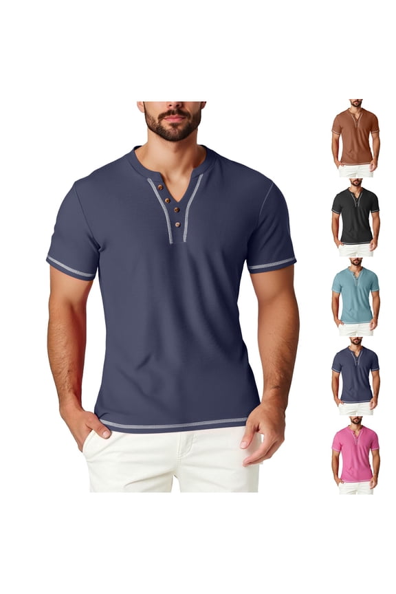 Mens T-shirts, Big and Tall Shirts for Men, Summer Casual Fashion Temperament Short Sleeve Button V-neck T-shirts Tops