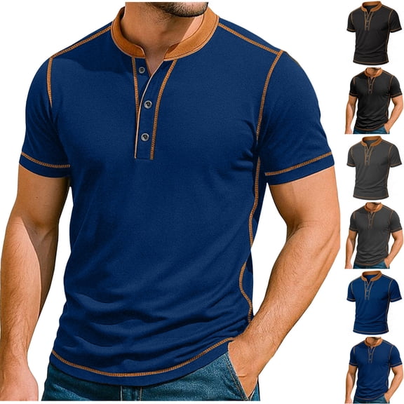 Ashirexll Mens T-shirts, Big and Tall Shirts for Men, Summer Shirts Casual Short Sleeve Button Round Neck Blouses T-shirt