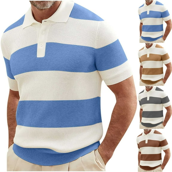 Ashirexll Mens T-shirts, Big and Tall Shirts for Men, Summer Striped Short Sleeve Turndown Collar T-Shirts Casual Tops for Vacation
