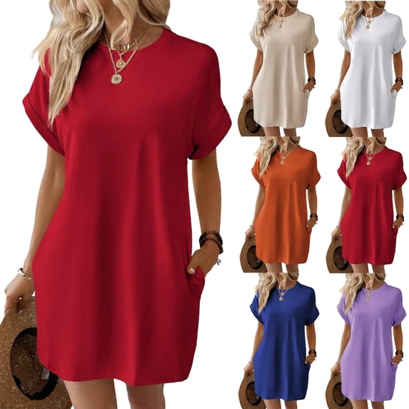 Ashirexll Midi Dresses for Women, Casual Dresses for Women, Crew Neck Rolled Short Sleeve Loose Solid Color T Shirt Style Dress