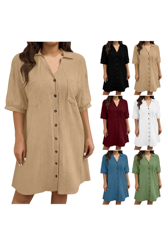 Midi Dresses for Women, Casual Dresses for Women, Fashion Casual Solid Color Turn Down Collar Plus Size Button Pocket Dress