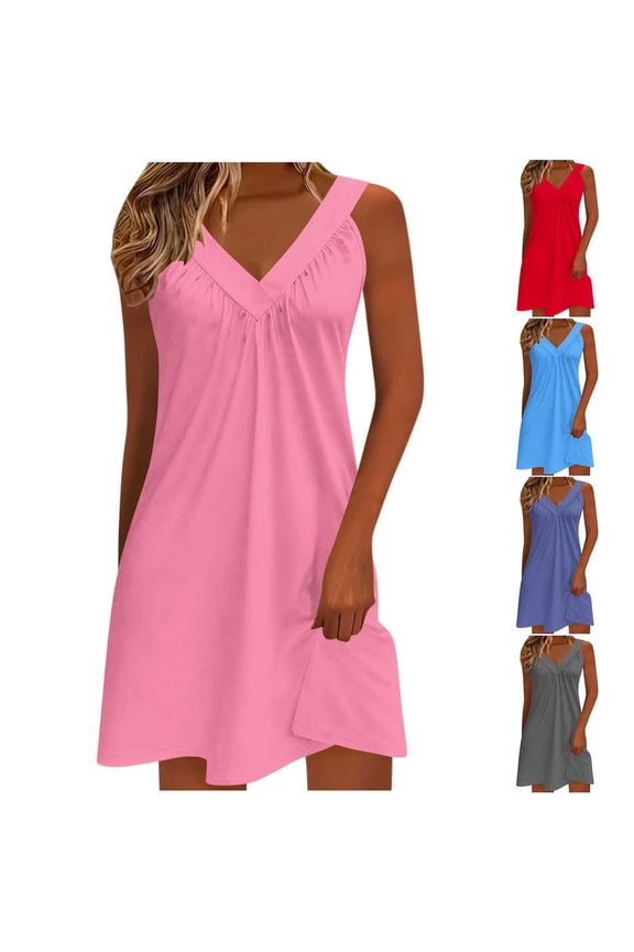 Midi Dresses for Women, Casual Dresses for Women, Fashion Casual V-Neck Pleated Solid Color Sleeveless Elastic Dress