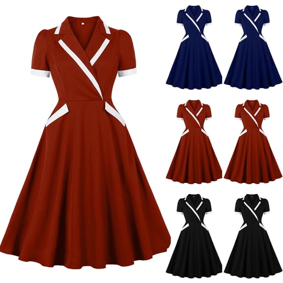 Ashirexll Midi Dresses for Women, Flowy Dresses for Women, Fashion Patchwork Short Sleeve Open Collar A-Line Dress