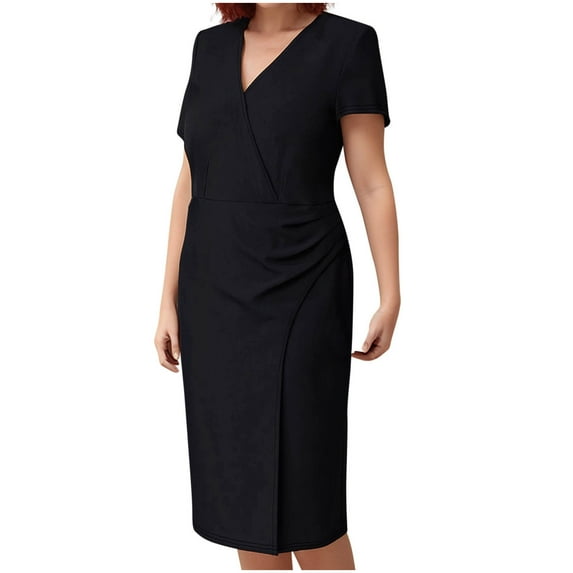 Ashirexll Midi Dresses for Women, Flowy Dresses for Women, Fashion Solid Color Short Sleeve V-Neck Casual Knee Length Dress