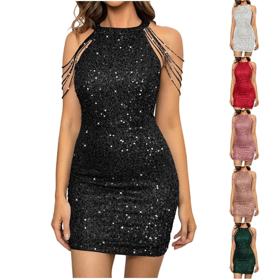 Ashirexll Midi Dresses for Women, Flowy Dresses for Women, Fashion Strap Sequin Party Dress With Slit and Exposed Back