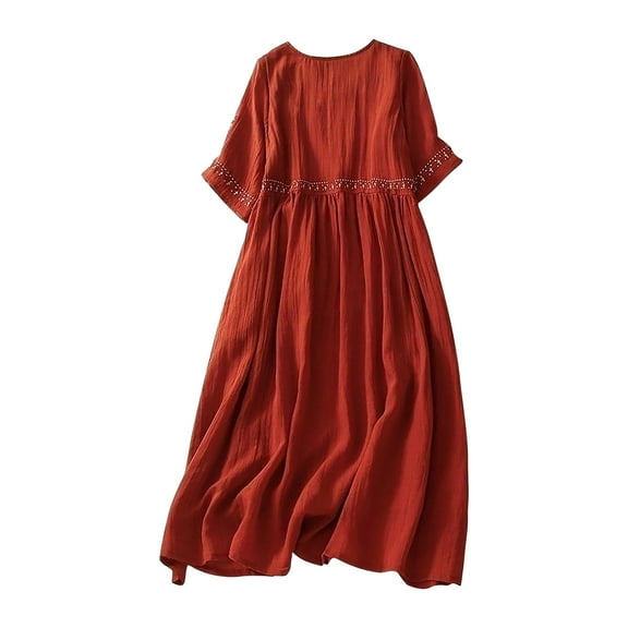 Ashirexll Midi Dresses for Women, Flowy Dresses for Women, Loose Casual Solid Color Linen Embroidered Round Neck Dress
