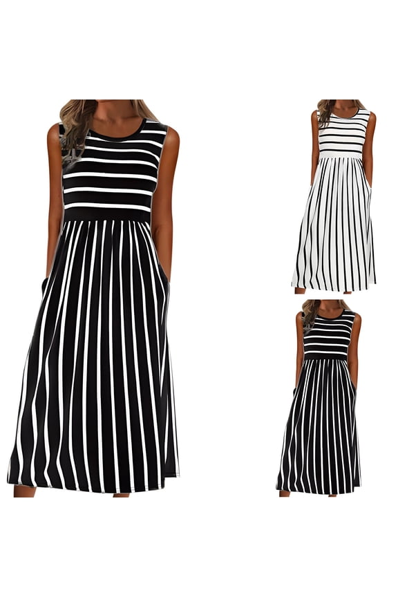 Midi Dresses for Women, Flowy Dresses for Women, Round Neck Sleeveless Summer Striped Pocket Casual Midi Dress