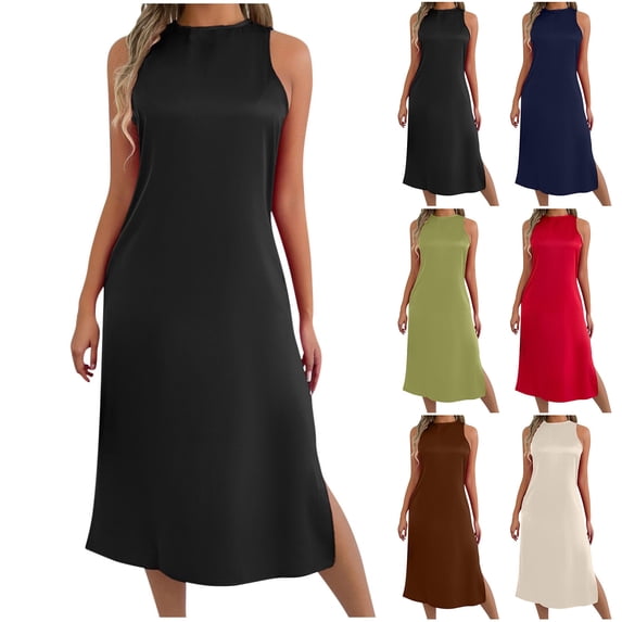Ashirexll Midi Dresses for Women, Flowy Dresses for Women, Solid Color Round Neck Sleeveless Casual Summer Midi Dress