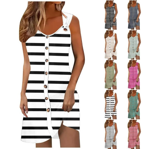 Ashirexll Midi Dresses for Women, Flowy Dresses for Women, Spring Summer Vacation Button Front V-Neck Strap Dress