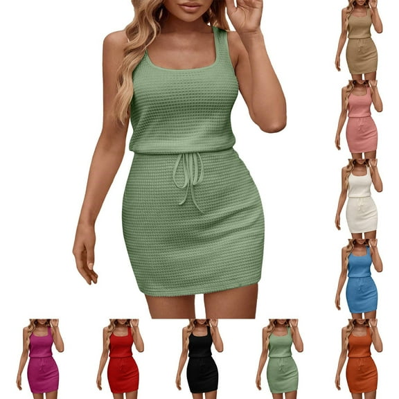Ashirexll Midi Dresses for Women, Flowy Dresses for Women, Summer Casual Solid Color V-Neck Sleeveless Suspender Strap Dress