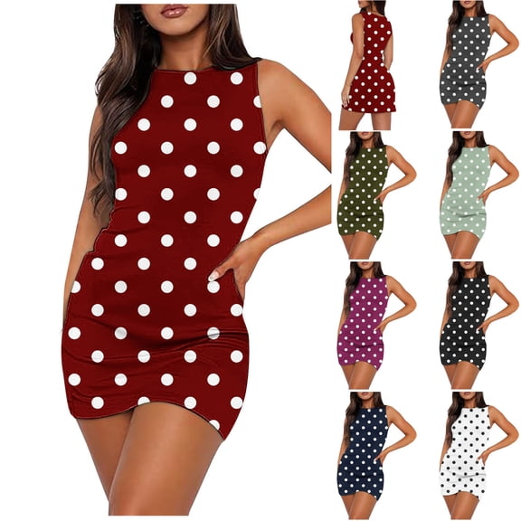 Ashirexll Midi Dresses for Women, Flowy Dresses for Women, Summer Comfortable Polka Dots Sleeveless Round Neck Casual Dress