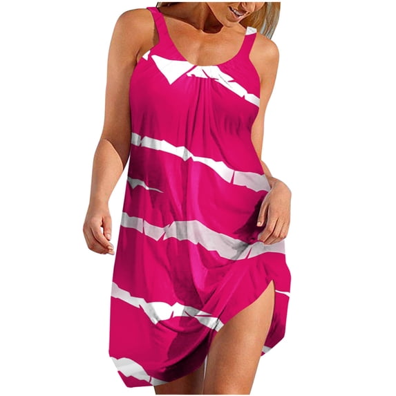 Ashirexll Midi Dresses for Women, Flowy Dresses for Women, Summer Printed Loose V-Neck Sleeveless Sundress With Pockets