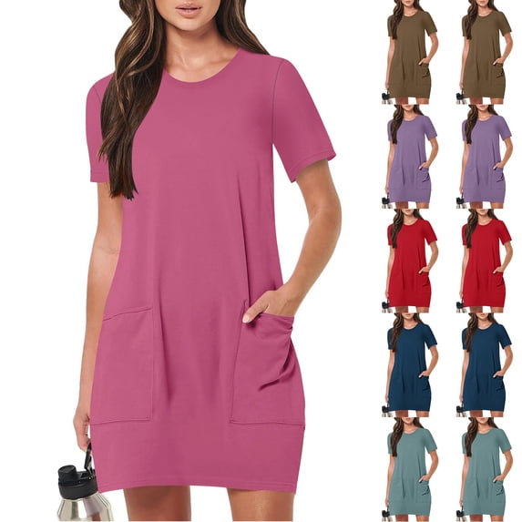 Ashirexll Midi Dresses for Women, Flowy Dresses for Women, Summer Solid Color Short Sleeve Round Neck Pocket Dress