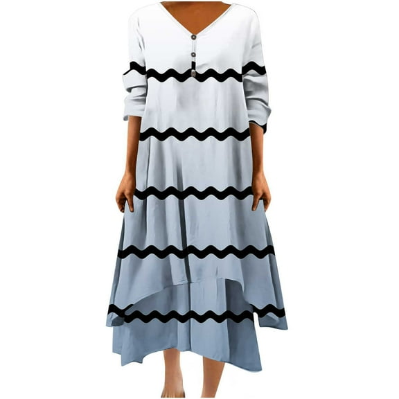 Ashirexll Midi Dresses for Women, Womens Long Sleeve Dresses, Casual Loose Printed Irregular Buttoned Hem V-Neck 3/4 Sleeve