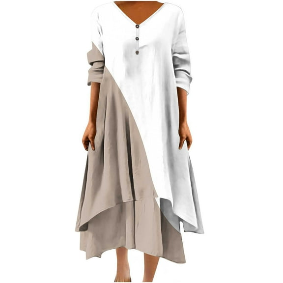 Ashirexll Midi Dresses for Women, Womens Long Sleeve Dresses, Casual Loose Printed Irregular Buttoned Hem V-Neck 3/4 Sleeve