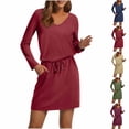 thumbnail image 1 of Ashirexll Midi Dresses for Women, Womens Long Sleeve Dresses Casual Solid Color Pocket Elastic Lace Up Fall Winter, 1 of 7
