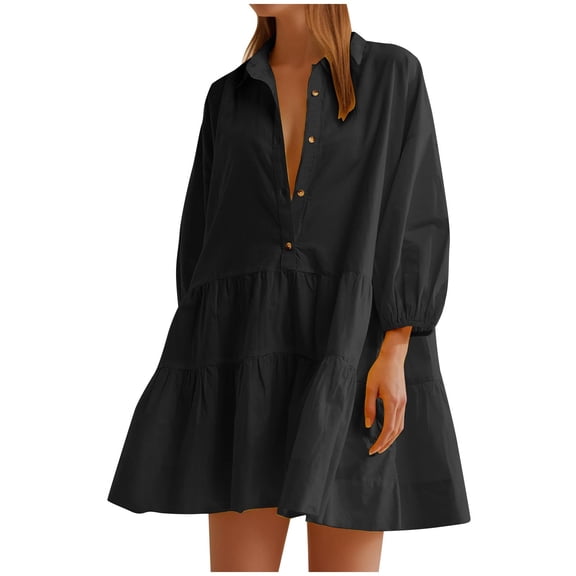 Ashirexll Midi Dresses for Women, Womens Long Sleeve Dresses, Fashion Casual Solid Button Pocket Flip Collar Fall Winter