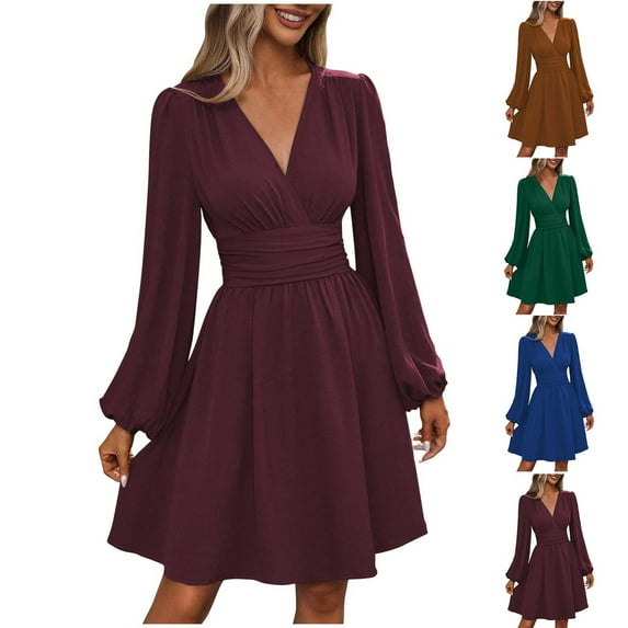 Ashirexll Midi Dresses for Women, Womens Long Sleeve Dresses, Fashion Casual Solid Color Waist Cinched V-Neck Short Dress