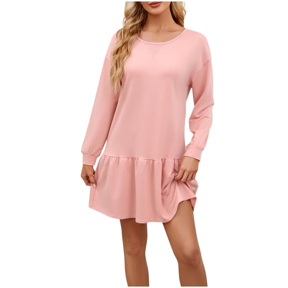 Ashirexll Midi Dresses for Women, Womens Long Sleeve Dresses, Ladies Fashion Solid Color Round Neck Back Pleated Dress Jumpsuit