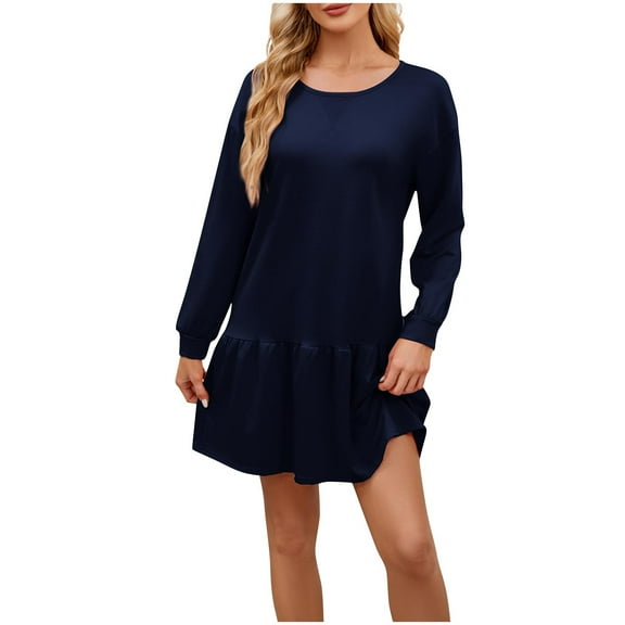 Ashirexll Midi Dresses for Women, Womens Long Sleeve Dresses, Ladies Fashion Solid Color Round Neck Back Pleated Dress Jumpsuit