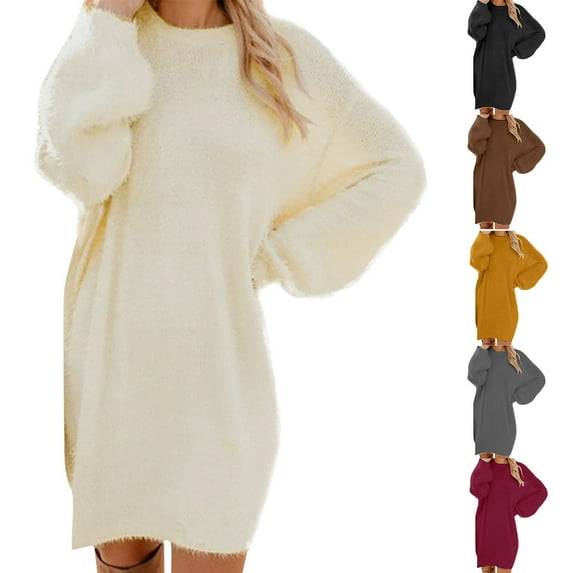 Ashirexll Midi Dresses for Women, Womens Long Sleeve Dresses, Medium Length Round Neck Loose Casual Comfortable Dress