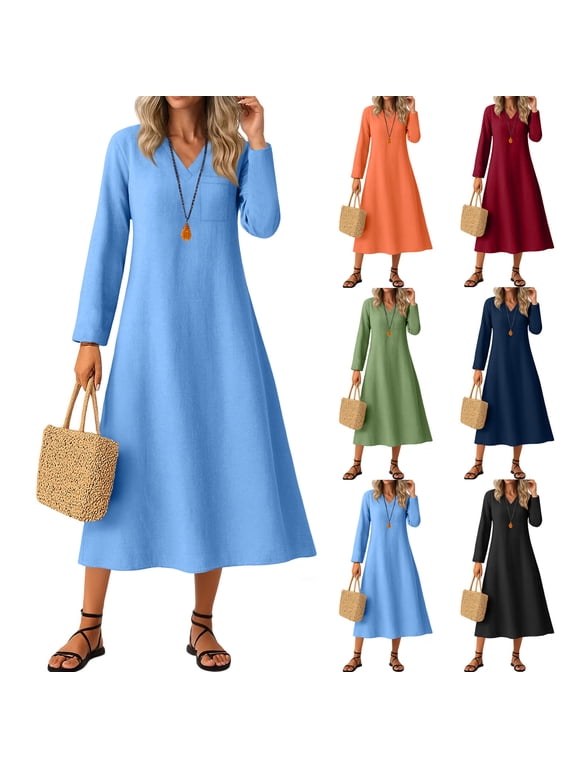 Midi Dresses for Women, Womens Long Sleeve Dresses, V-Neck Long Sleeve Casual Solid Color Spring Summer