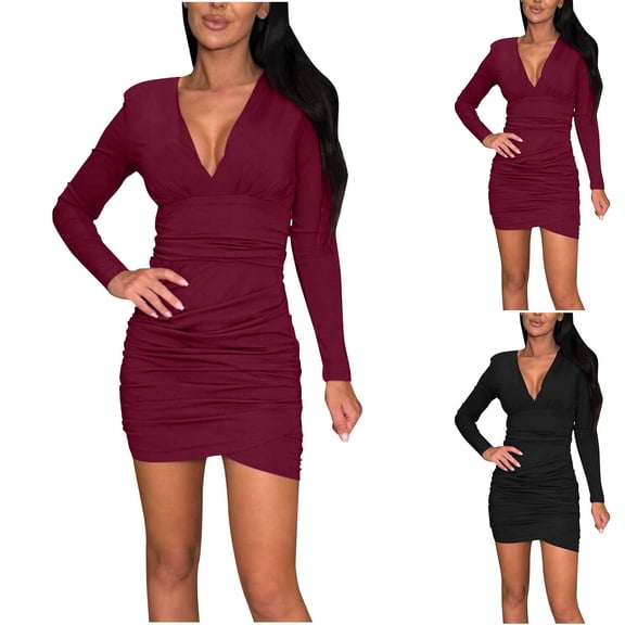 Ashirexll Midi Dresses for Women, Womens Winter Dresses, Casual Solid Long Sleeve Fold V-Neck Loose Comfortable Fashion