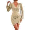 thumbnail image 1 of Ashirexll Midi Dresses for Women, Womens Winter Dresses, Fall Fashion Solid Long Sleeve V-Neck Tight Party Club Mini Dress, 1 of 6