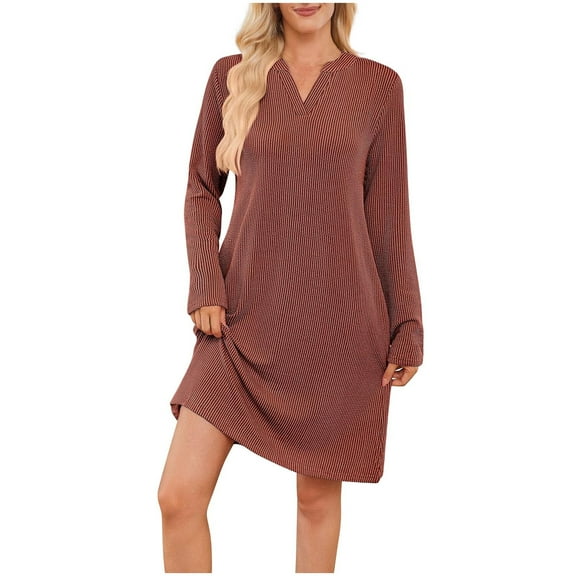 Ashirexll Midi Dresses for Women, Womens Winter Dresses, Ladies Fashion Solid Color Round Neck Back Pleated Long Sleeve Jumpsuit Dress