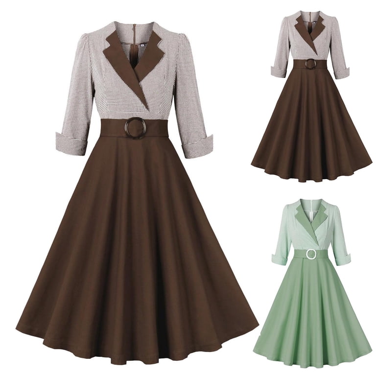 Ashirexll Midi Dresses for Women, Womens Winter Dresses, Ladies Vintage Three Quarter Sleeve V-Neck Formal Evening Gown, Women's, Size: Large, Brown