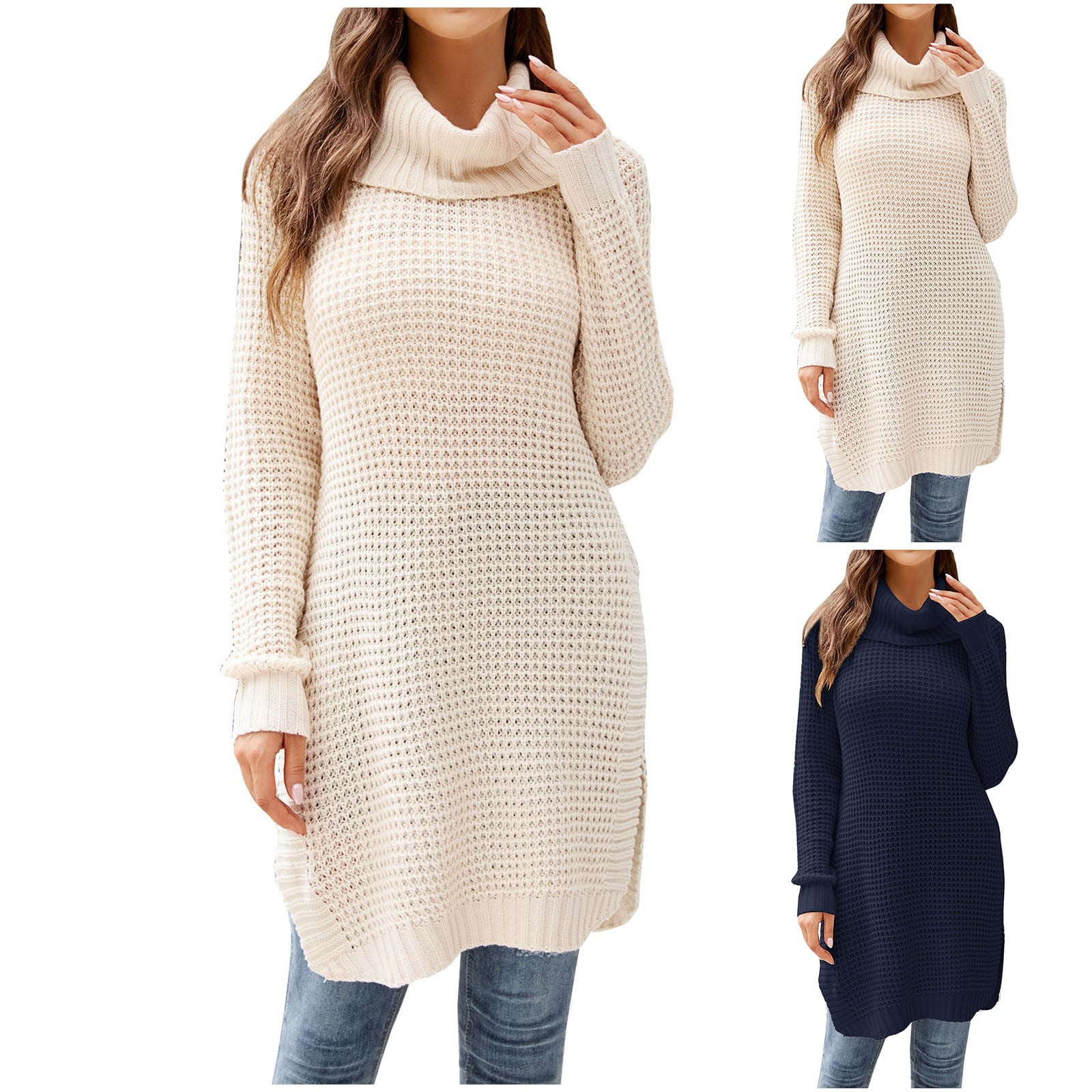 Ashirexll Midi Dresses for Women, Womens Winter Dresses, Long Sleeve Round  Neck Knit Turtleneck Sweater Casual Solid Color - Walmart.com