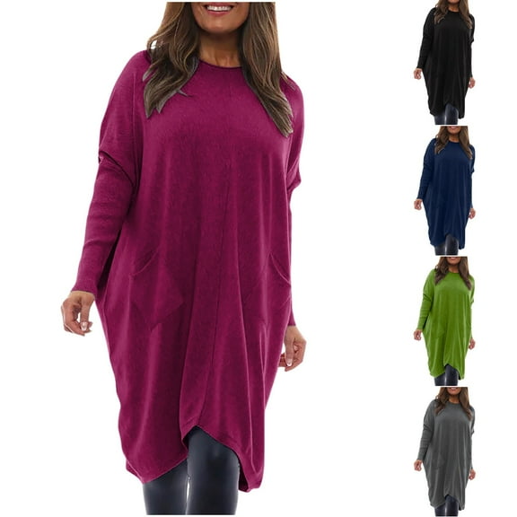 Ashirexll Midi Dresses for Women, Womens Winter Dresses, Solid Color Plus Size Crew Neck Fitting One Size Tunic With Pockets