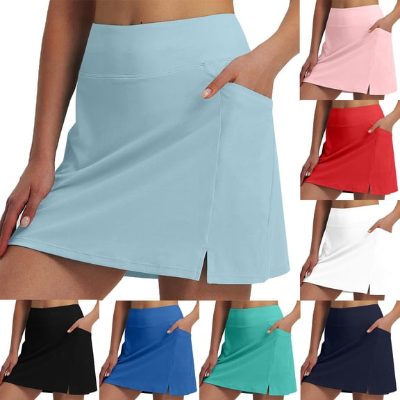 Ashirexll Mini Skirts for Women Tennis Skirts Run Yoga Inner Shorts Elastic Sports Gym Hakama with Pockets Casual Solid Color Loose
