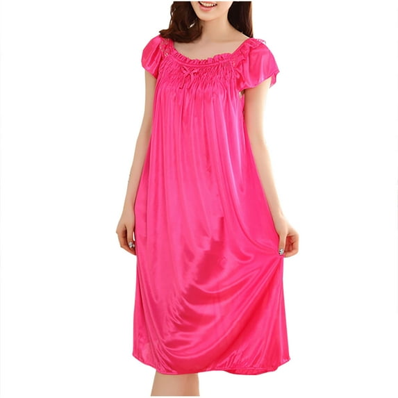 Ashirexll Nightgowns for Women, Women's Sleepwear, Fashion Summer Soft Lightweight Solid Color Bow Fold Short Sleeve Ice Silk Long Sleepshirts Hot Pink Free Size