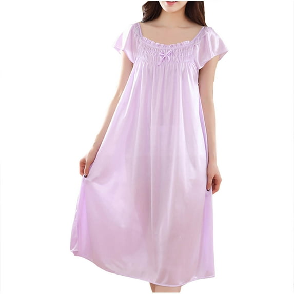 Ashirexll Nightgowns for Women, Women's Sleepwear, Fashion Summer Soft Lightweight Solid Color Bow Fold Short Sleeve Ice Silk Long Sleepshirts Purple Free Size